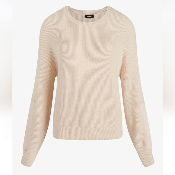 Express Ivory Relaxed Crew Neck Sweater Faux Leather Patch Sleeve Size XL - Picture 4 of 7